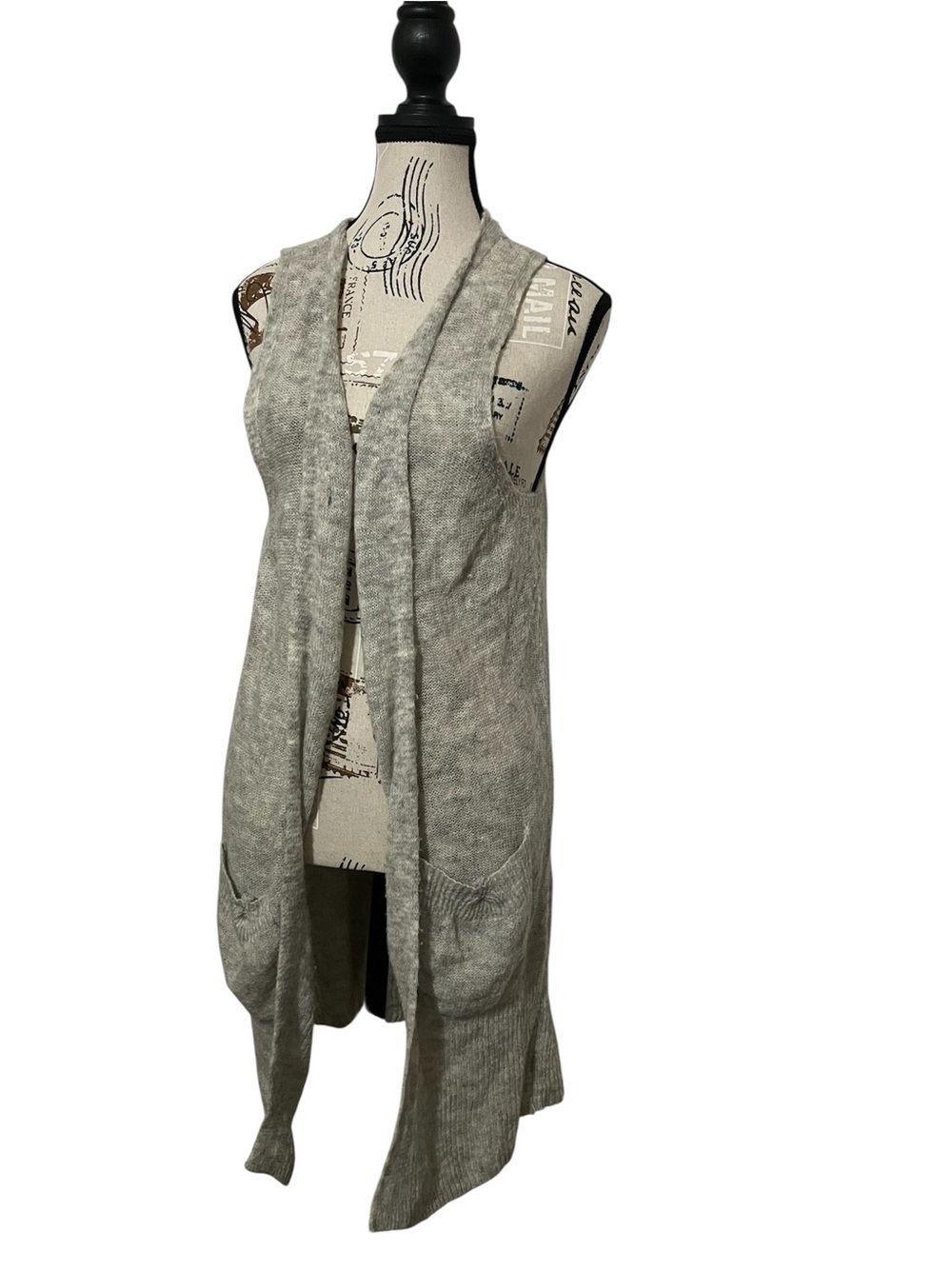 Lucky Brand Medium Extra Long Draped Front Vintage Vest Gray Knit Wool Blend.